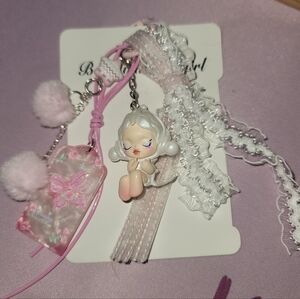 Charming Custom Skull Panda Themed Pink & White Keychain/Bag Charm